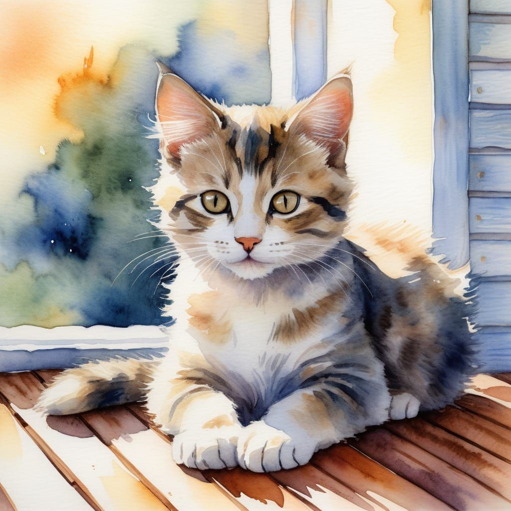 Impressionist Kitten in Watercolor at Golden Hour