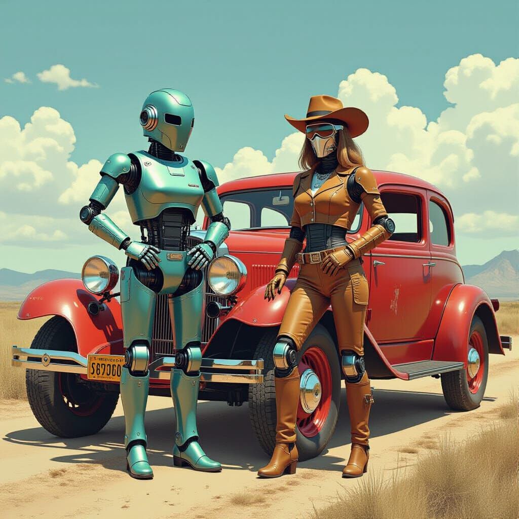 Robot Bonnie and Clyde in Retro-Futuristic Style