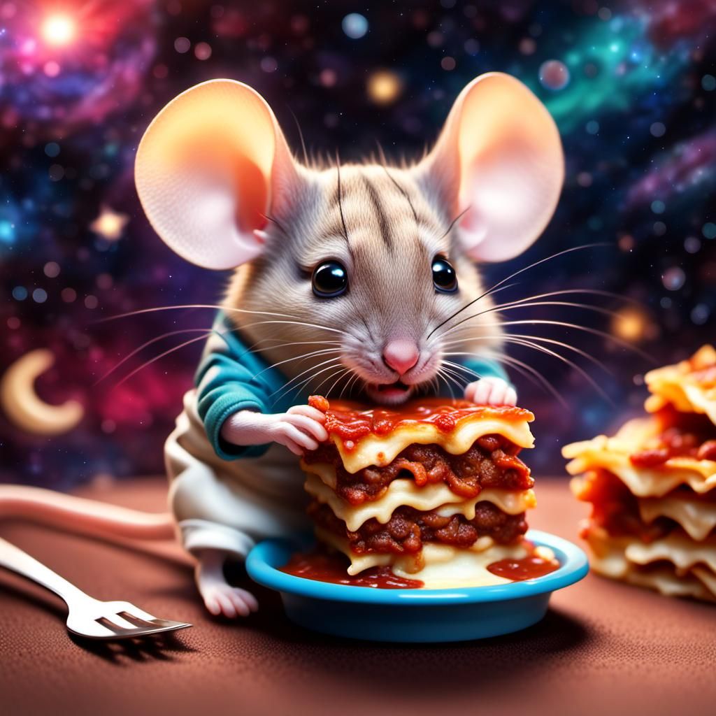 Hyperrealistic Chibi Mouse Eating Lasagna in Space