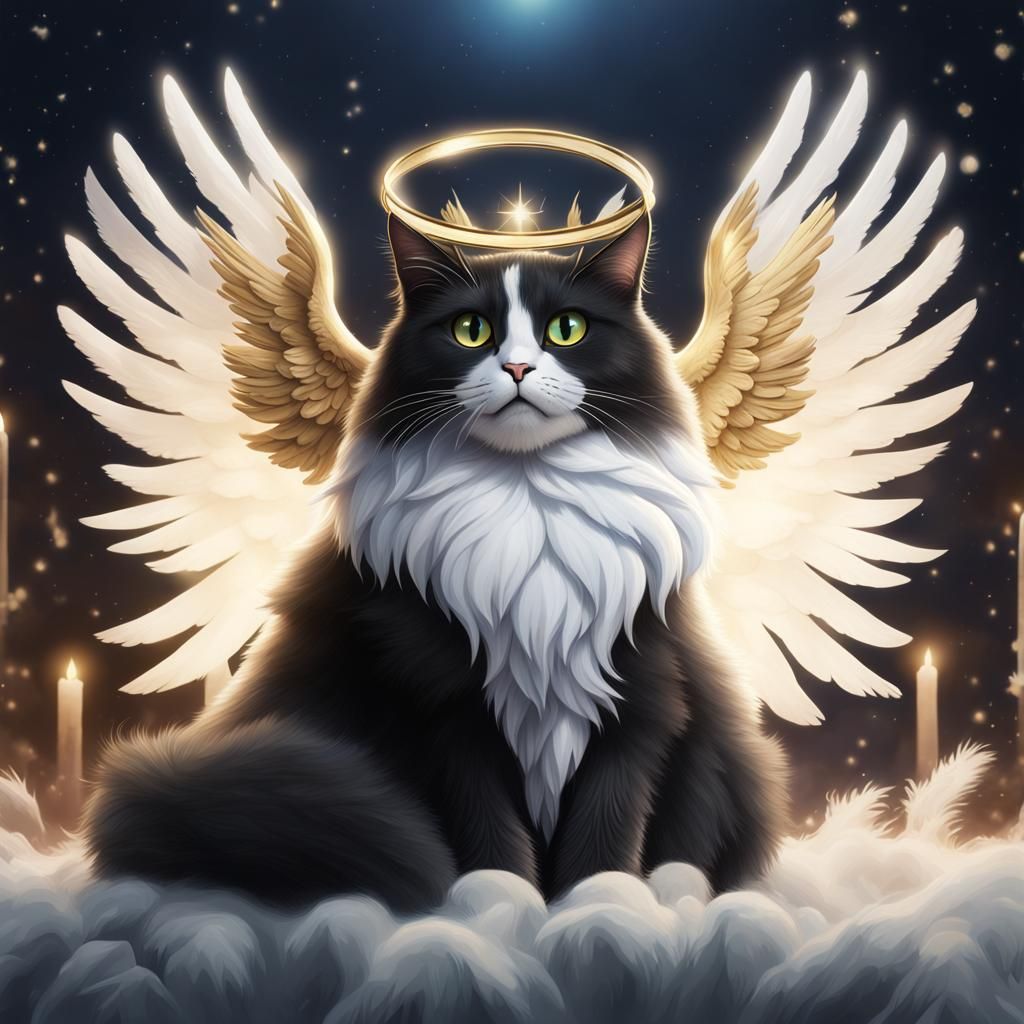 Fluffy Tuxedo Cat as Angel: Detailed Matte Painting
