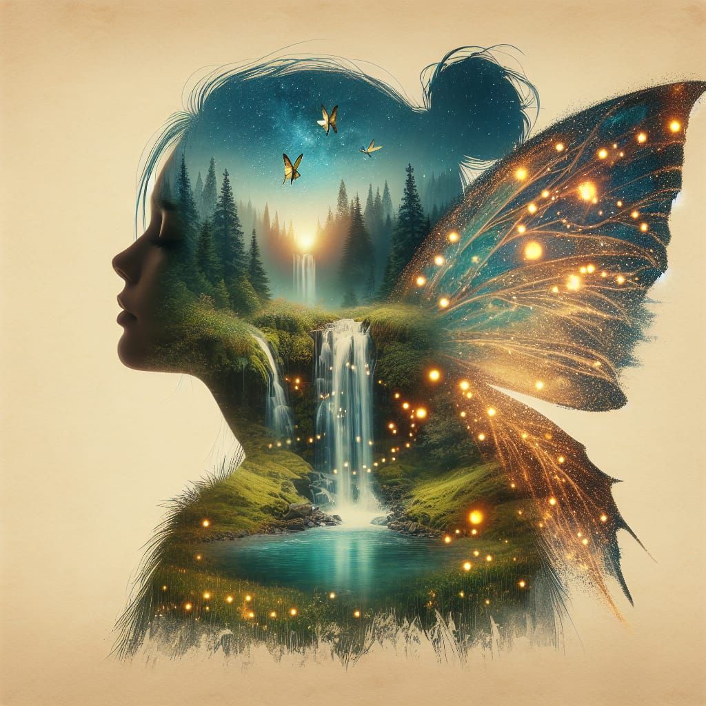 Ethereal Fairy Portrait in Double Exposure Landscape
