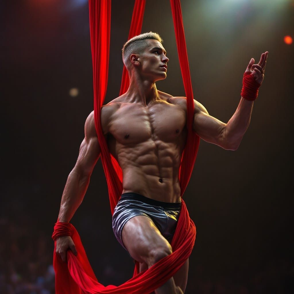 Acrobat in Red Silk: Graceful Aerial Performance