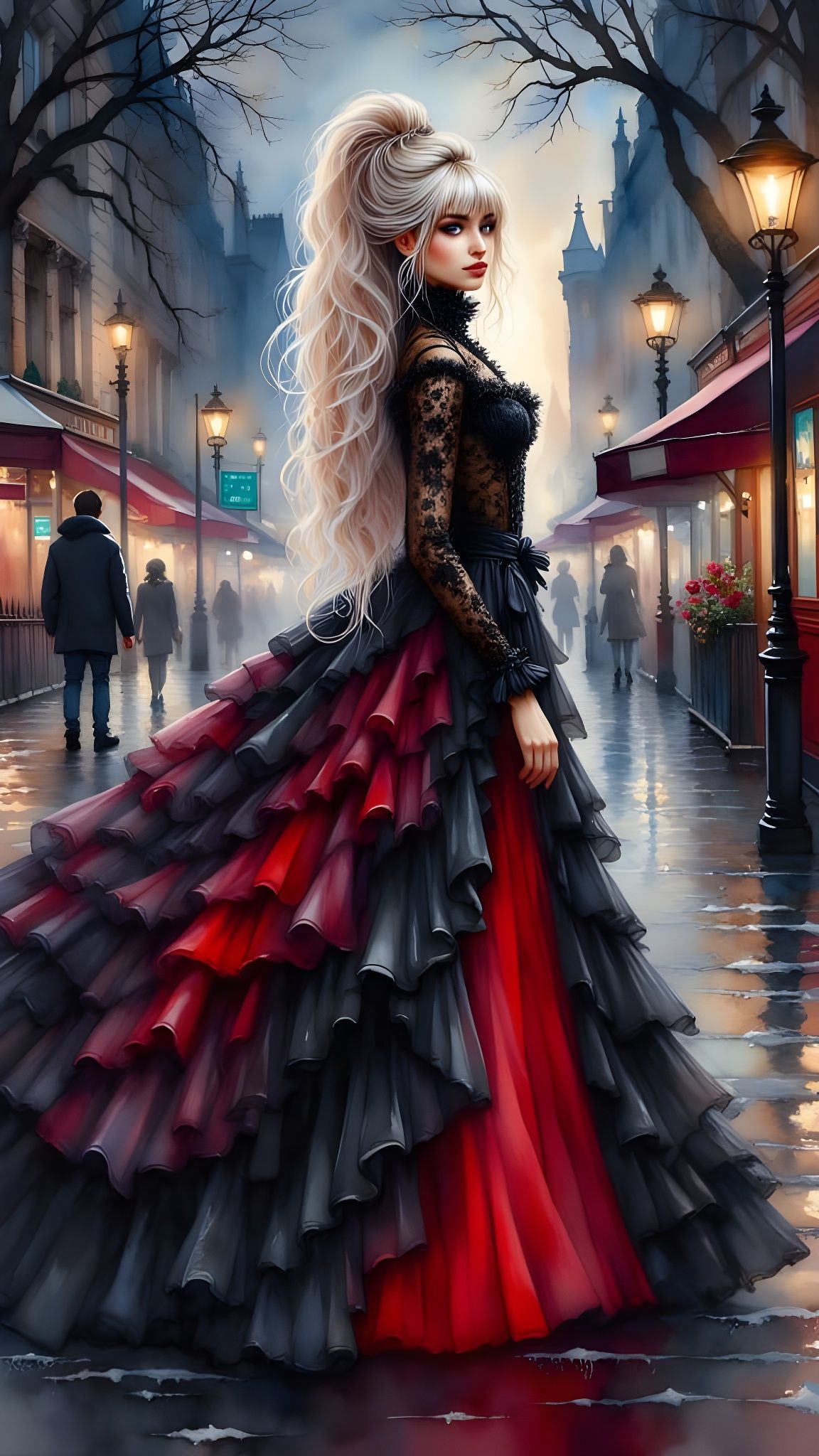 Princess in Victorian Gown Walks London at Night