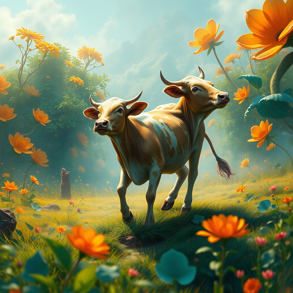 Dancing Cow in Surreal Dreamscape: Fantasy Art