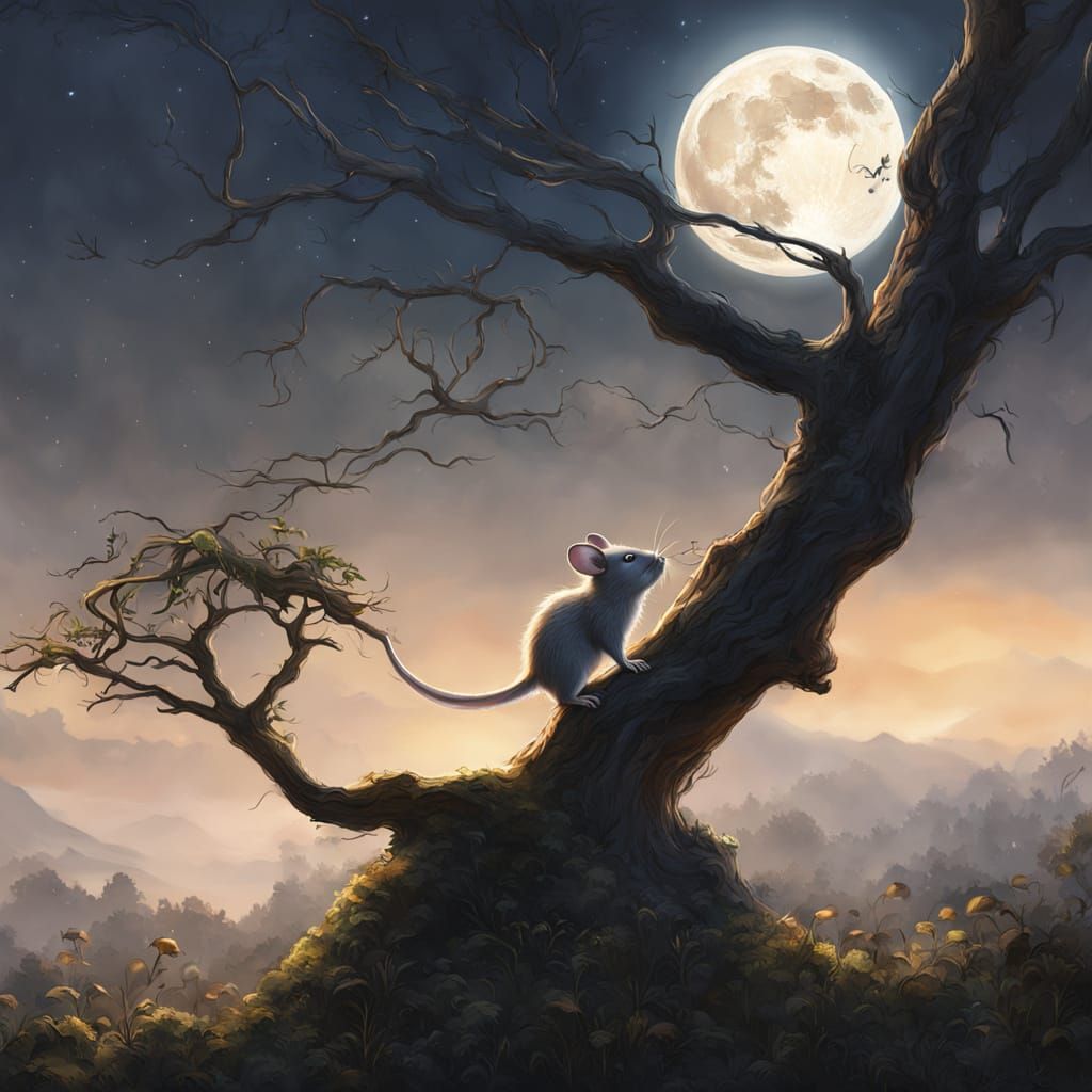 Mouse Reaches for Glowing Moon Cheese in Ethereal Fantasy Ar...