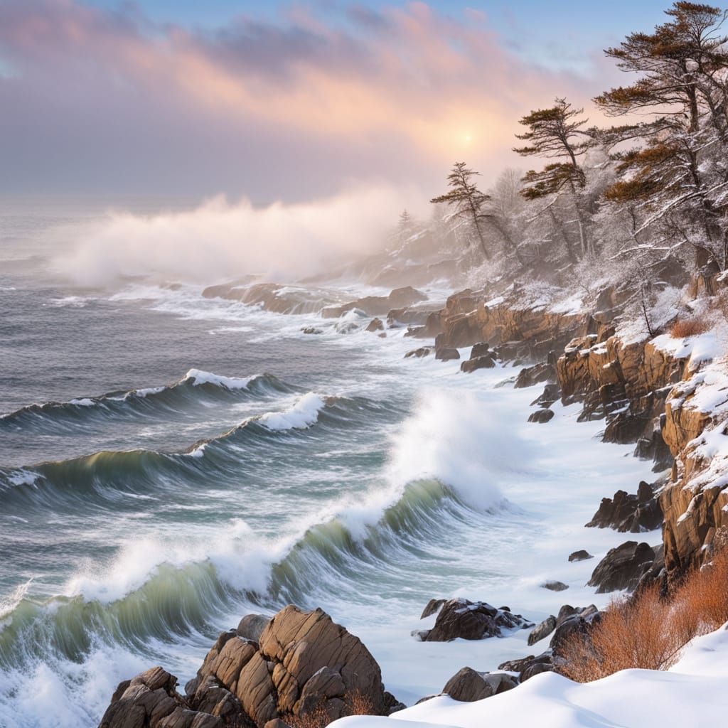 Idyllic Winter Scene at Cape Cod in Soft Thomas Kinkade Styl...