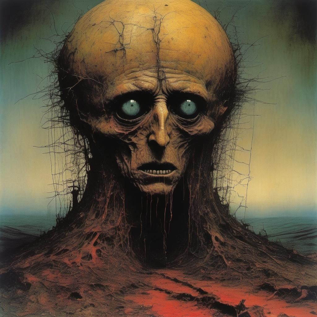 stupid+stupid man, trashed+smashed; (fear:1.3) of creature he has become.
 Art style by Zdzisław Beksiński/James Gurney/...