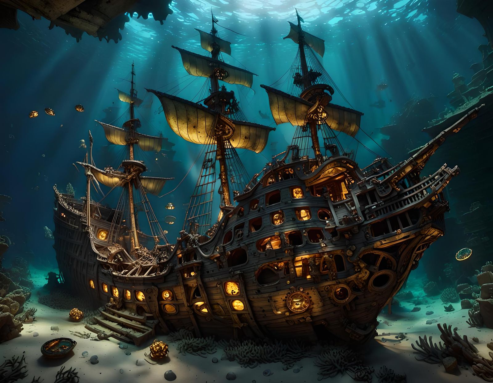 Haunted Amber Galleon Shipwreck in the Deep Sea