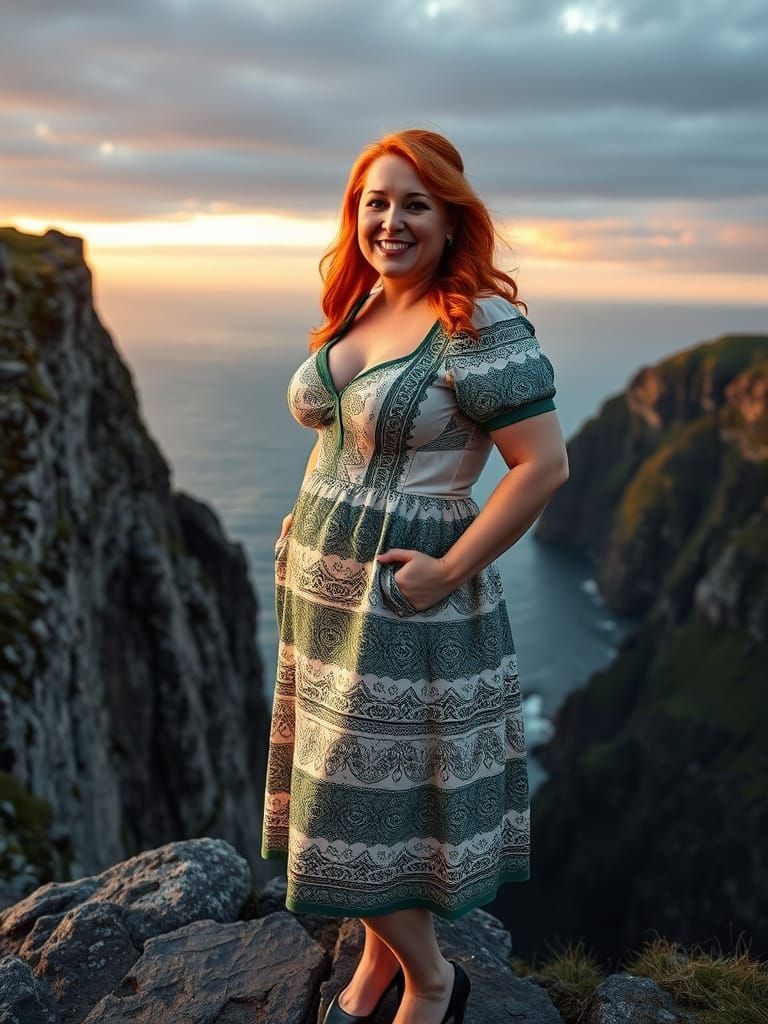 Irish Woman on Cliff Edge at Sunrise