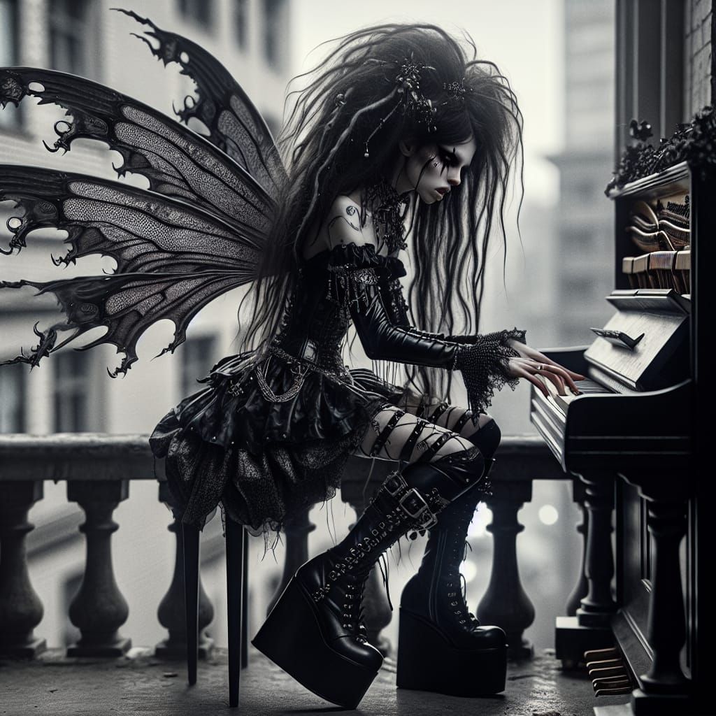 Gothic Fairy Plays Piano Under Midnight City Skies