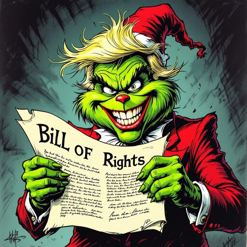 Grinch-like Figure Steals Bill of Rights in Satirical Art