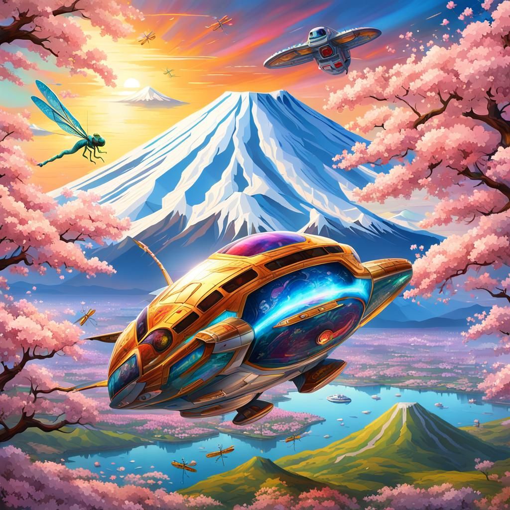 Dragonfly Spaceship Soaring Near Mount Fuji in Digital Art