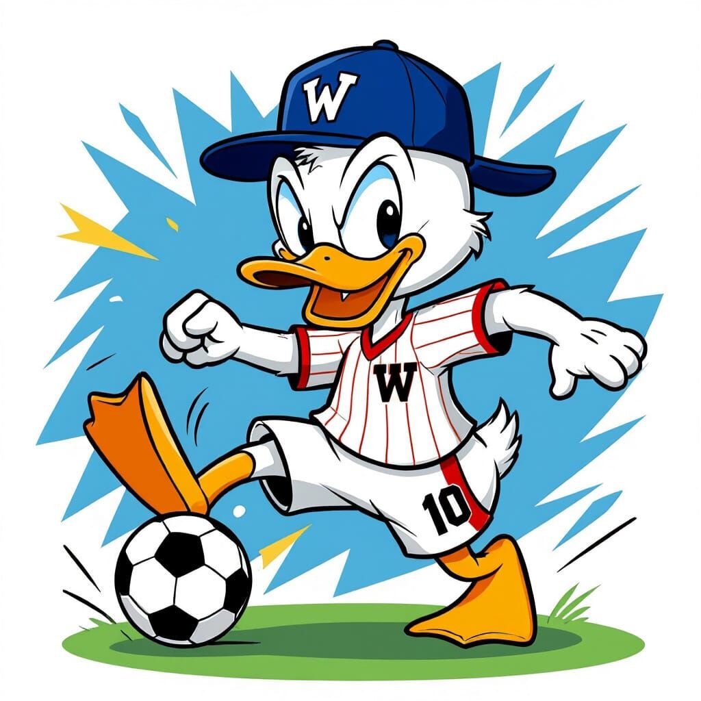 Cartoon Duck Plays Soccer in Blue Cap