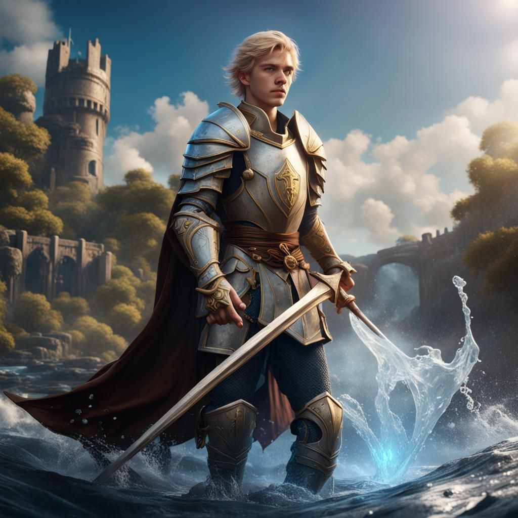 Young Knight with Water Powers in Detailed Matte Painting