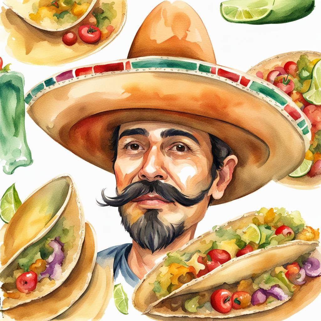 Watercolor: Mexican Man with Tacos in Sombrero