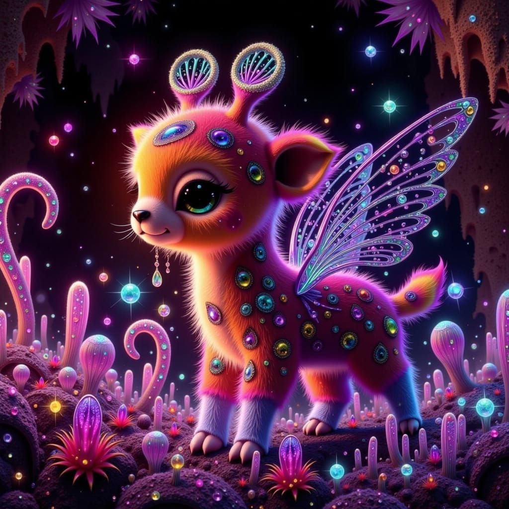 Iridescent Winged Giraffe in Crystalline Cave, Whimsical Art