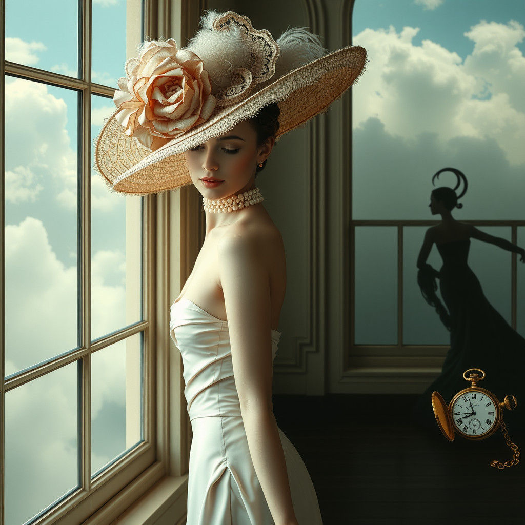Victorian Woman with Lavish Hat: Surreal Dreamscape