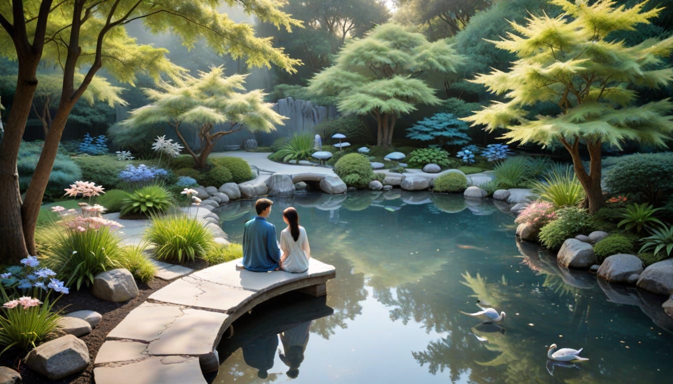 Peaceful Zen Garden with Koi Pond in Pastel Colors