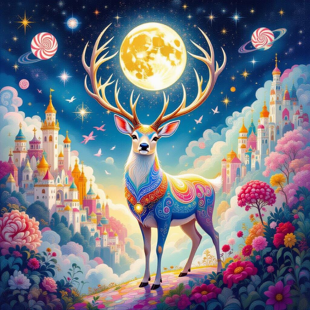 Luminous Deer Shelters Civilization in Cosmic Illustration