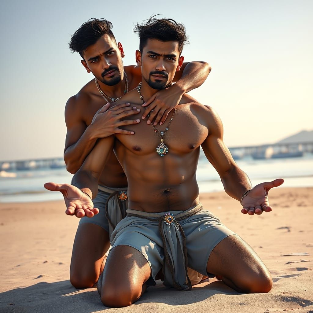 Muscular Men on a Beach, Dramatic Lighting