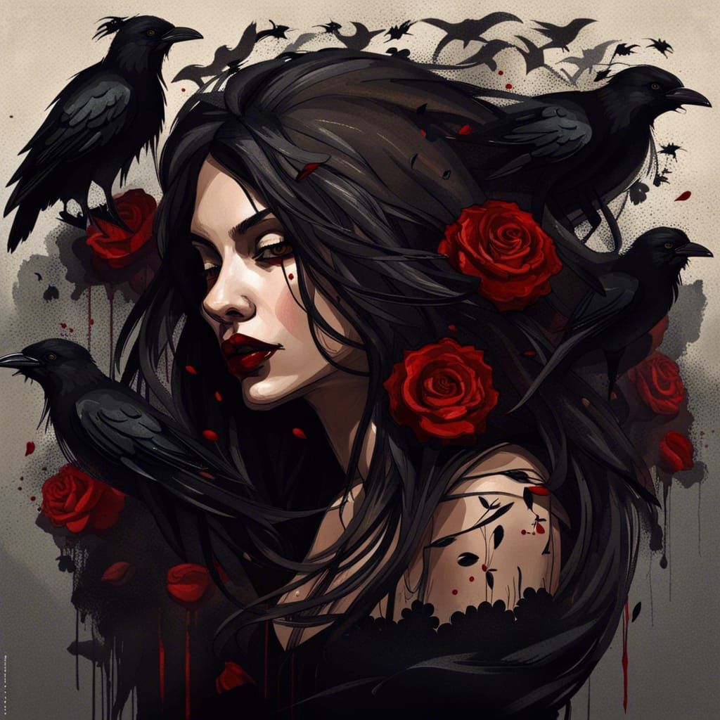 Portrait of Woman with Roses and Crows