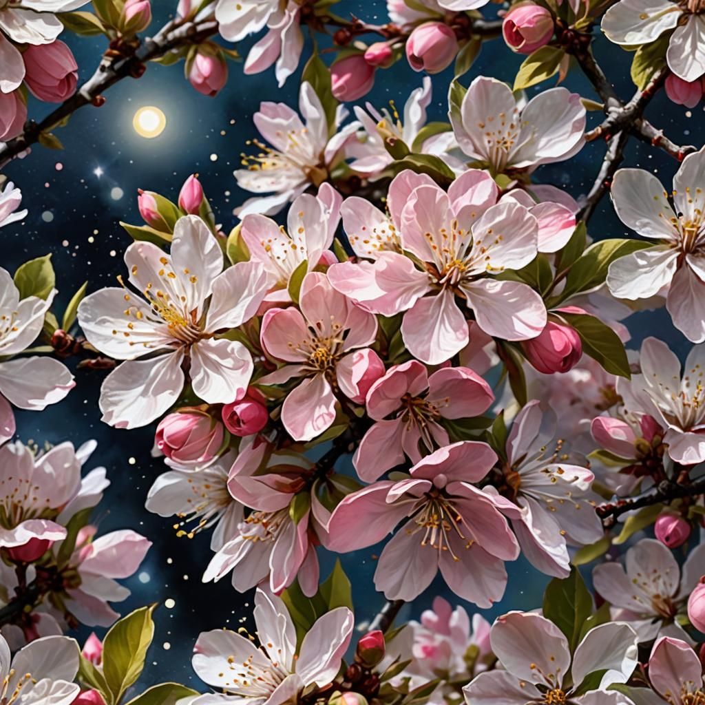 Apple Blossoms in Moonlit Watercolor Summerscape