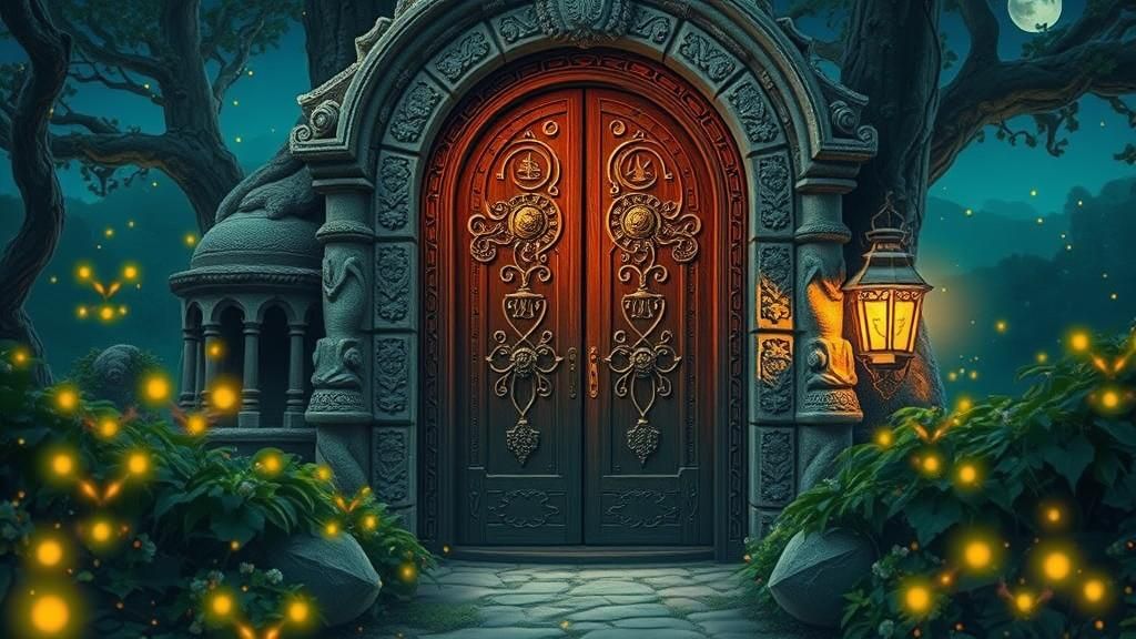 Mystical Door in Moonlit Garden, Fantasy Art