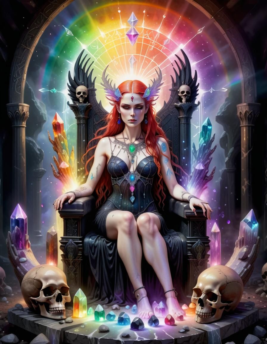 Gothic Goddess Lilith with Rainbow Crystals in Watercolour