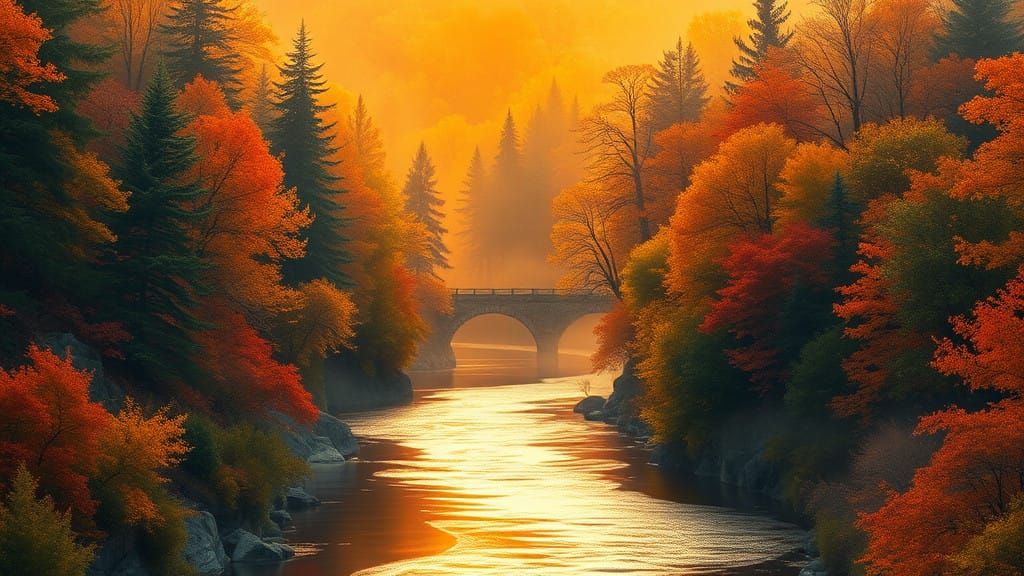 a painting of a river surrounded by trees