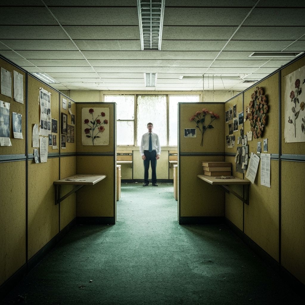 Abandoned Office: Blurry Figure in Vintage, Unsettling Scene