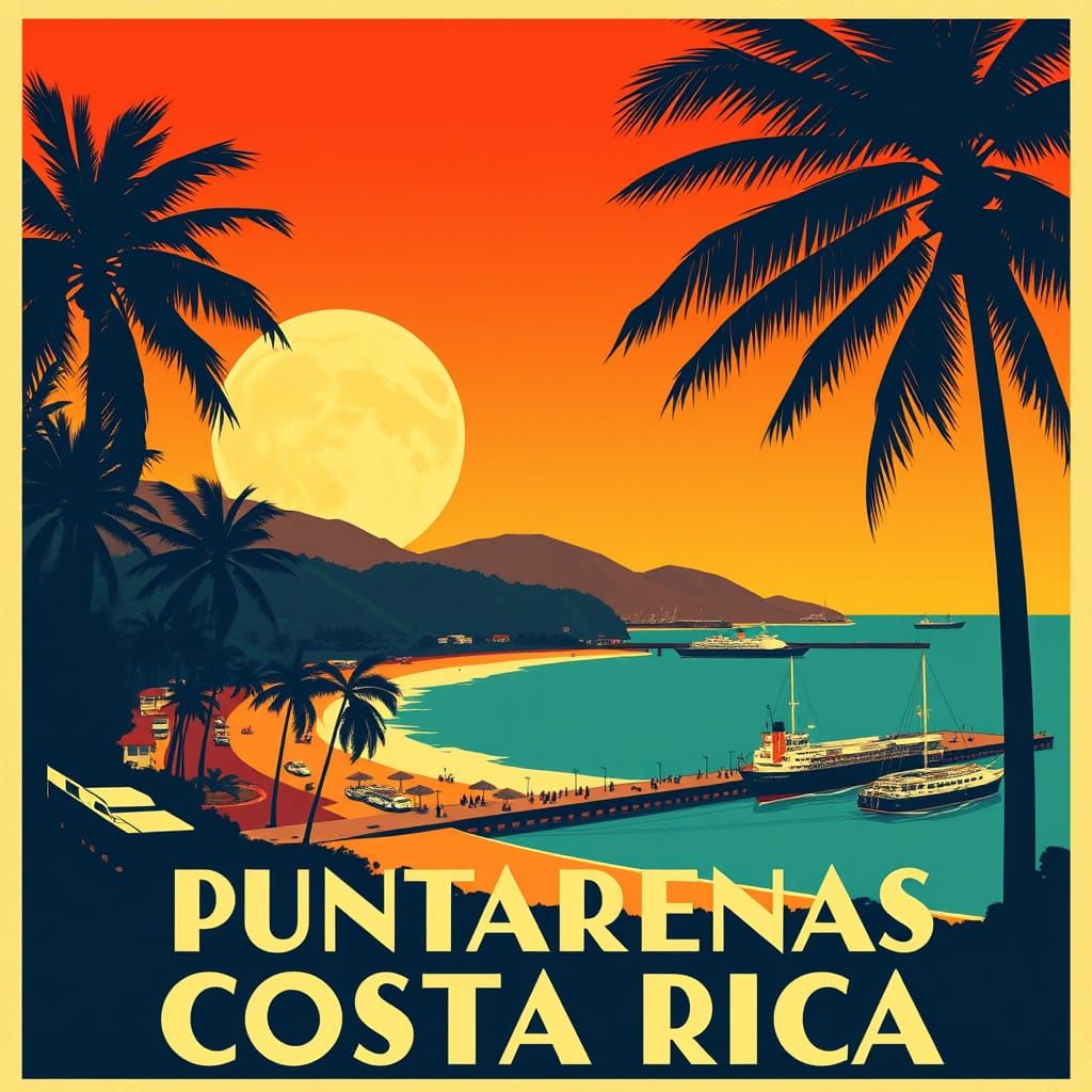 Puntarenas, Costa Rica: Vintage Art Deco Travel Poster