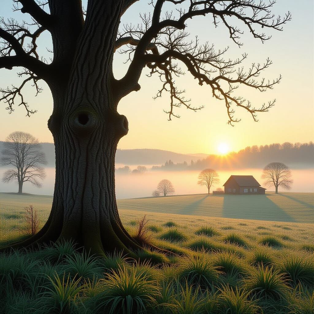 Solitary Tree in Misty Dawn Countryside