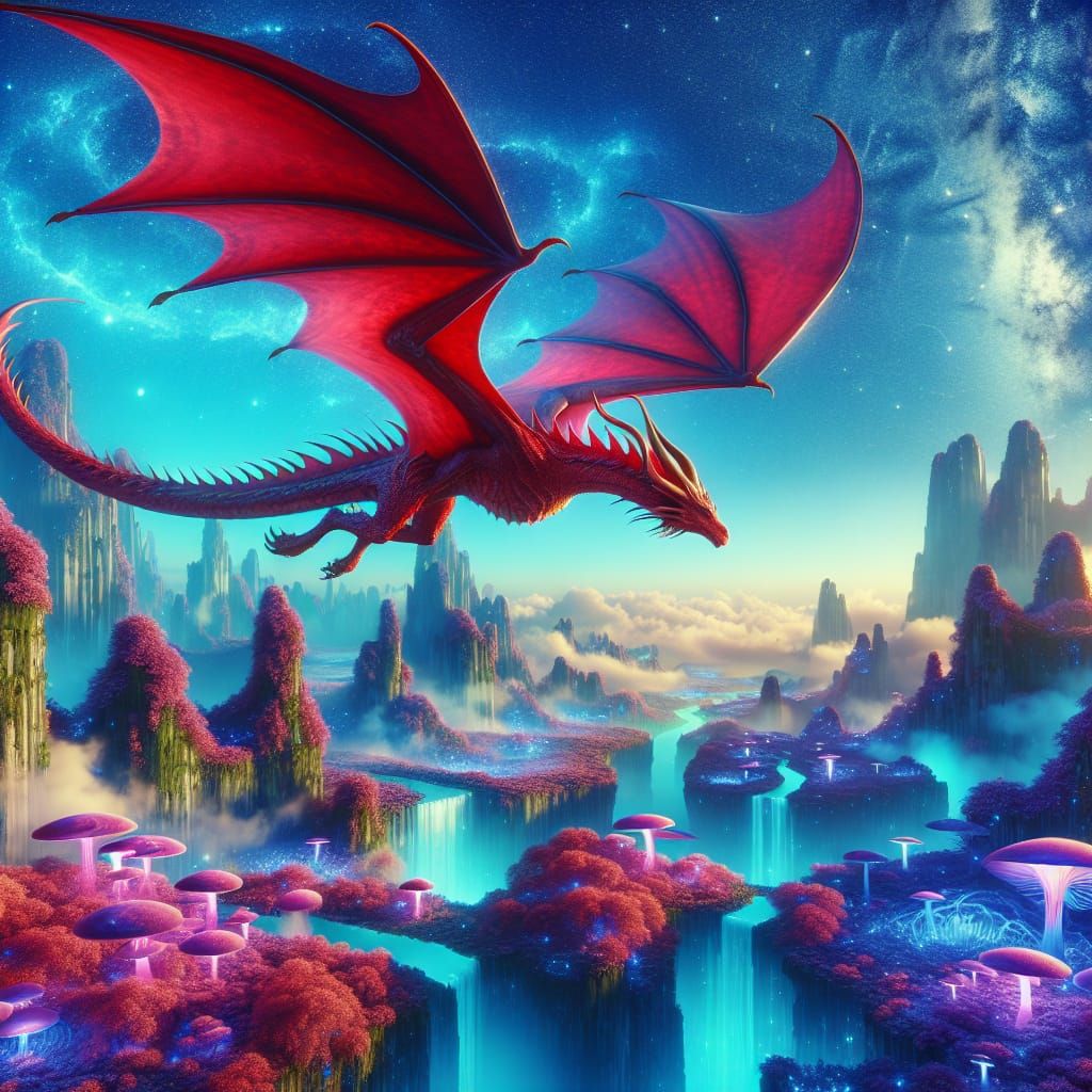 Red Dragon Flight Over Fantasy Landscape