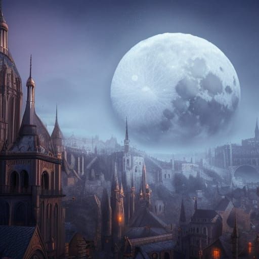 Moon Overshadows Medieval City: Detailed Matte Painting