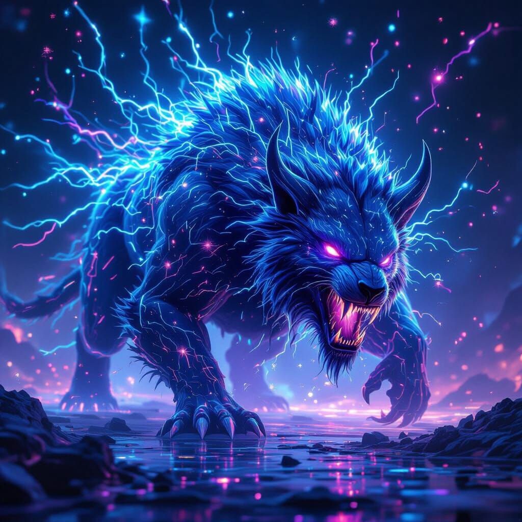 AI Cosmic Beast Evolves with Neon Auras and Galaxies