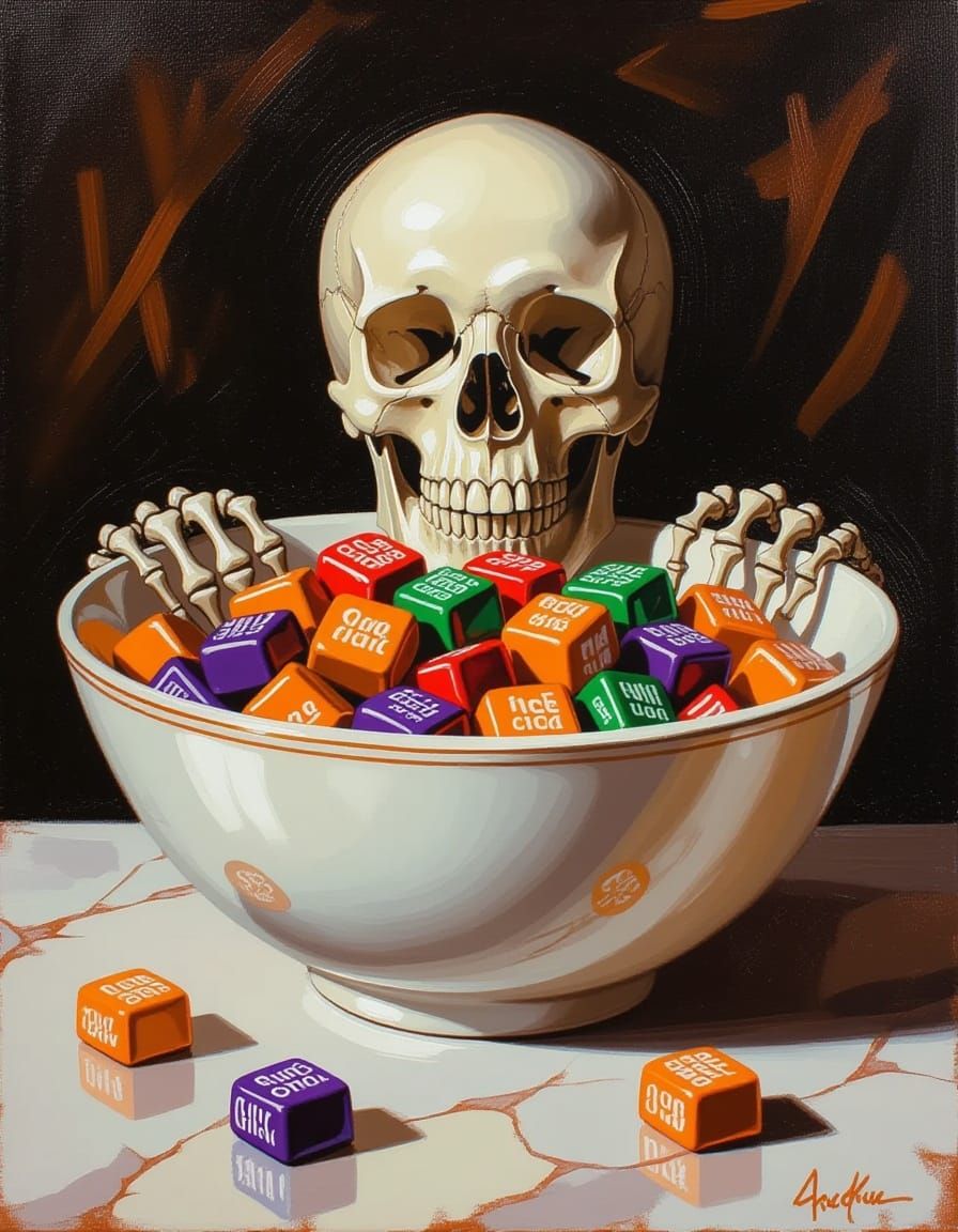 Skeleton Peeking Over Halloween Candy Bowl