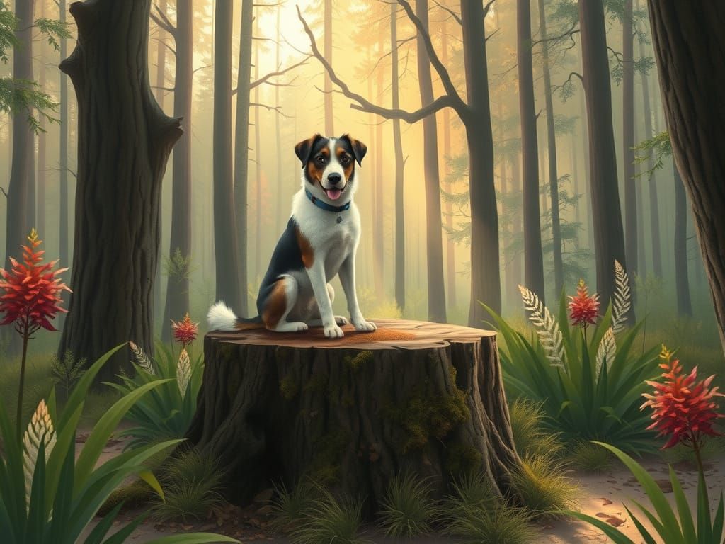 Dog in Forest, Shishkin Style Landscape