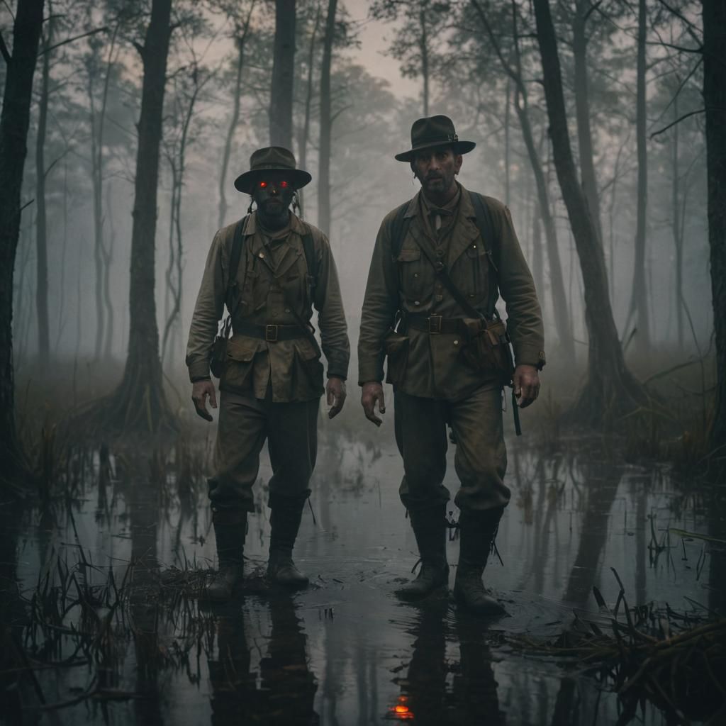 Eerie Explorer with Red Eyes in Foggy Swamp