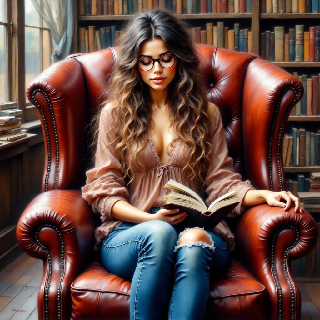 Woman Reading in Bookstore, Royo Style