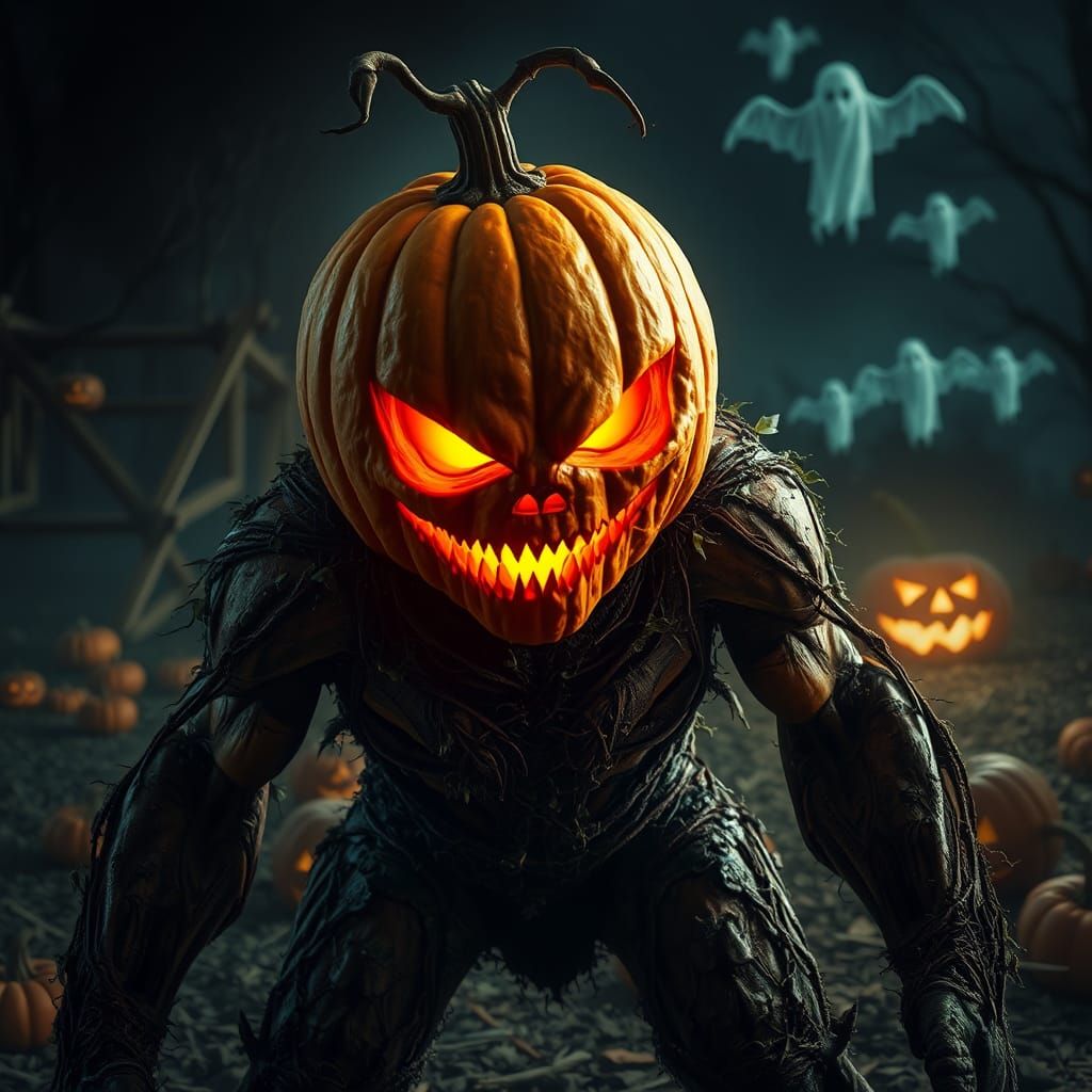 Halloween Monster with Pumpkin Head in Surreal Style