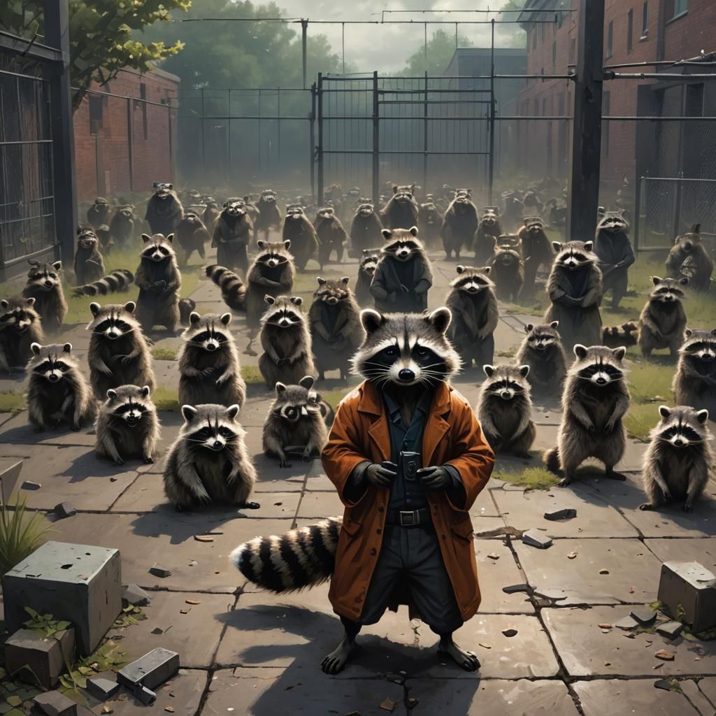Raccoon Summons Storm in Prison Yard, Baroque Style