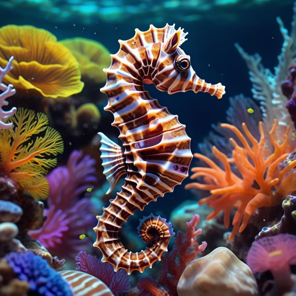 Cyberpunk Seahorse in Neon Coral Reef