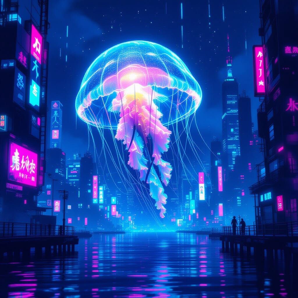 Bioluminescent Jellyfish in Neon Cyberpunk Cityscape