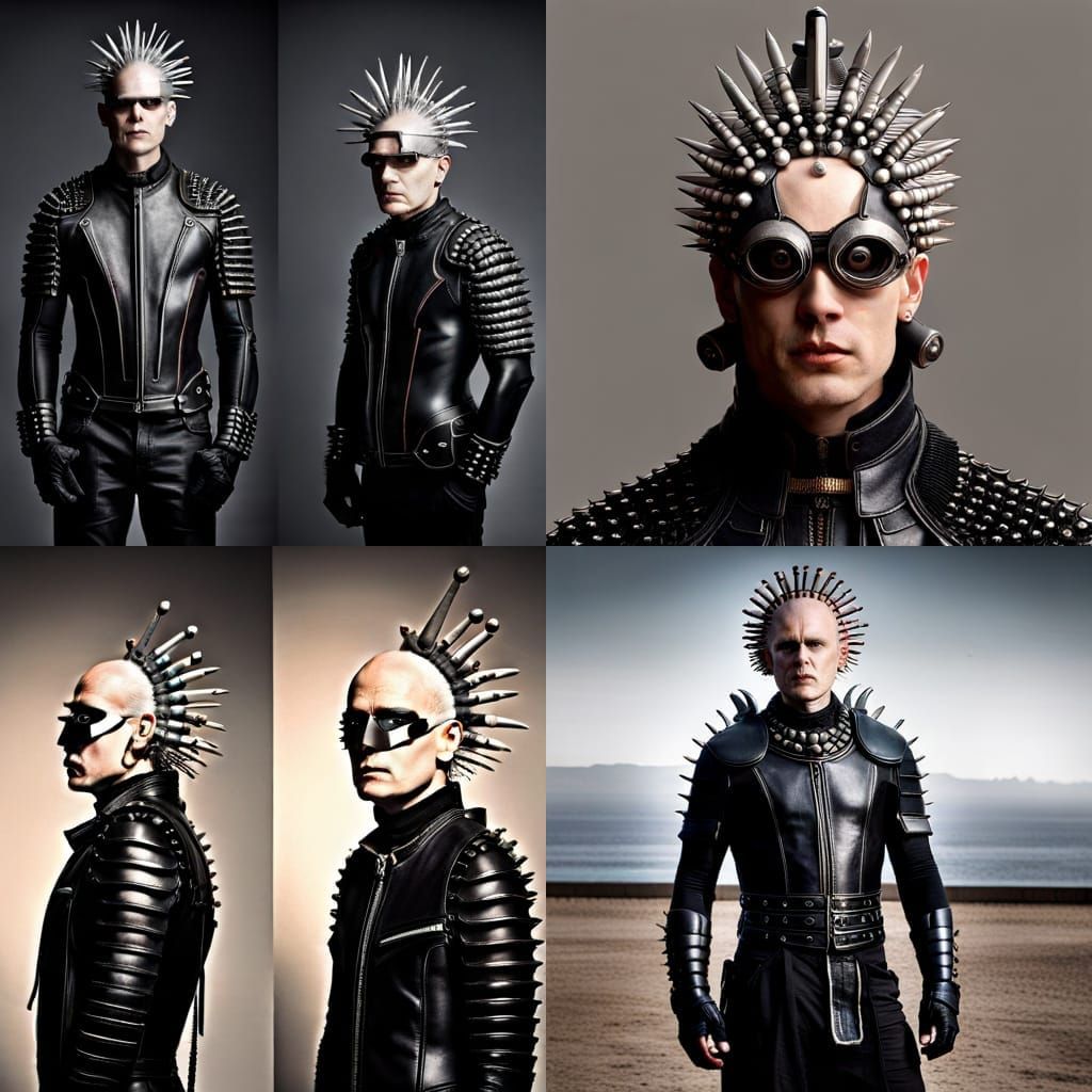 a punk man with  a ladybug mask armor 2 0 2 0 fashion, mohawk, (hr giger), bald head and menacing look, men's fashion, d...