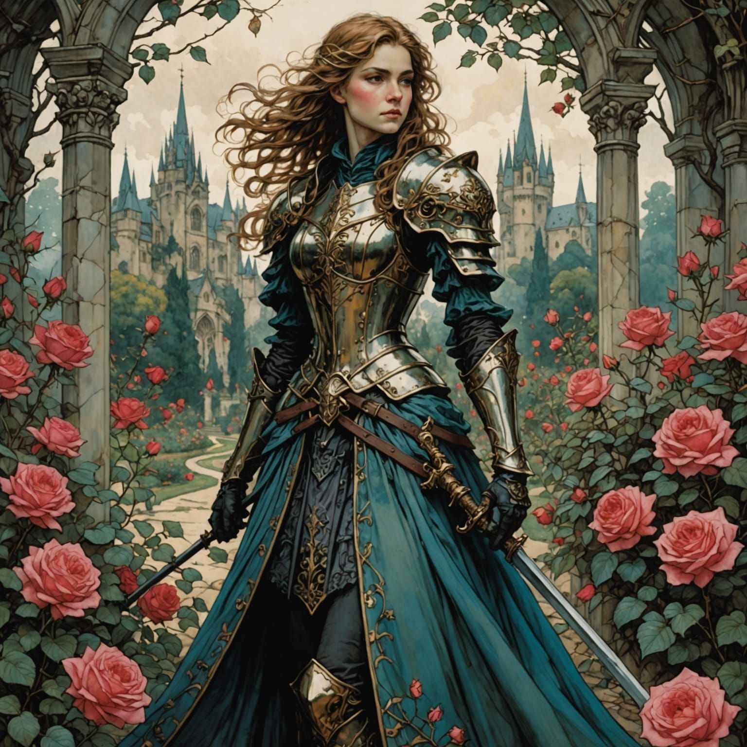 Paladin Explores Vibrant Rose Garden in Rackham Style