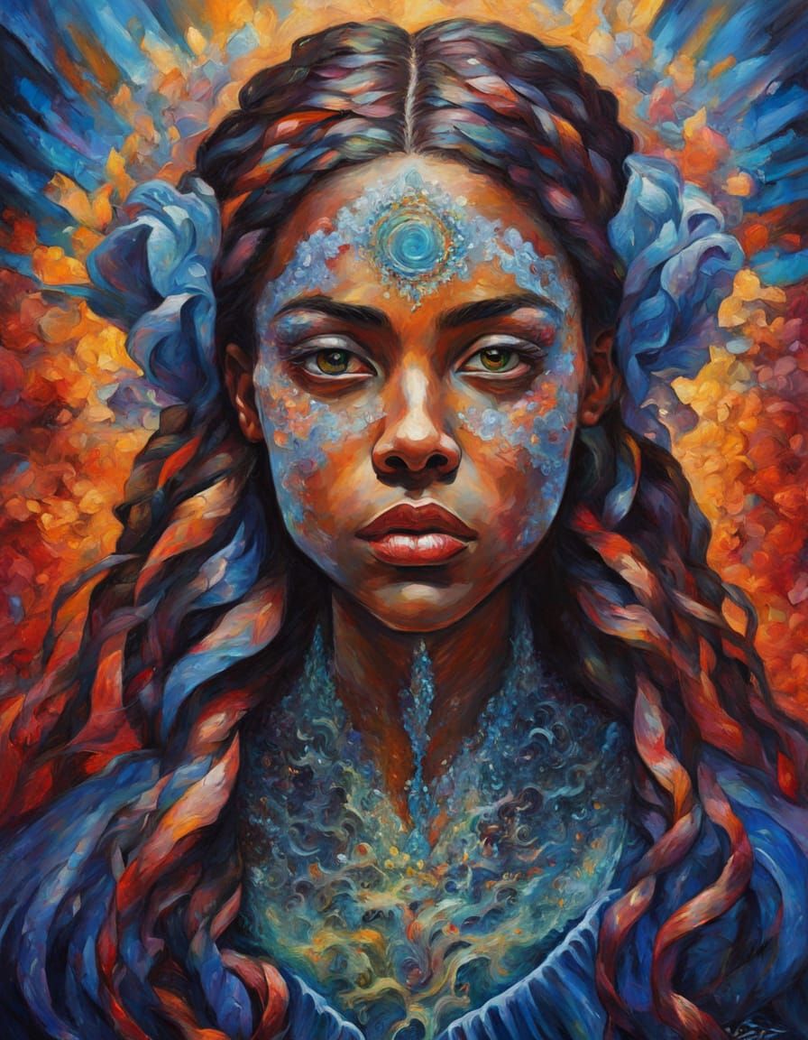 Surreal Goddess in Fractal Gown with Ribboned Braids