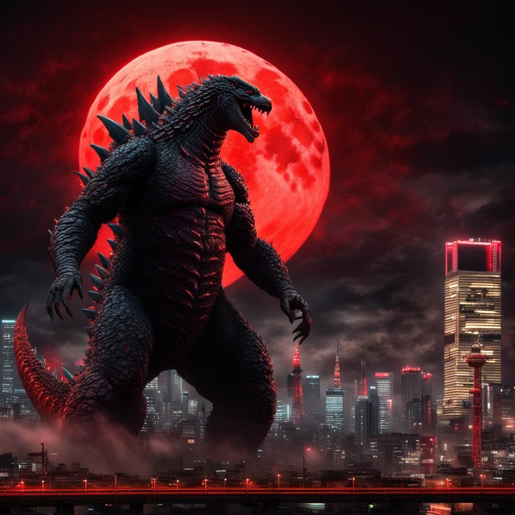 Godzilla with Neon Veins and Blood Moon