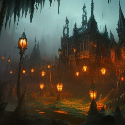 Dark Fantasy Village Decorated with Skulls
