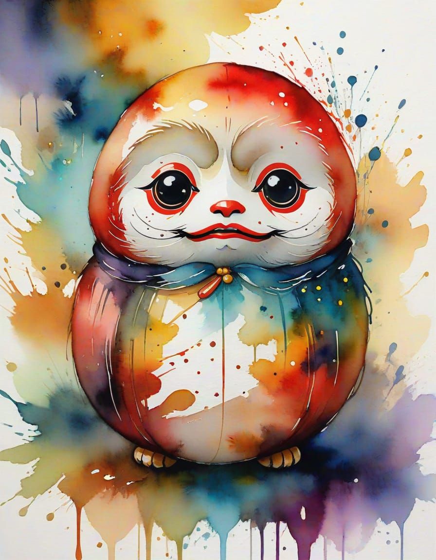 Whimsical Watercolor Daruma Doll Portrait