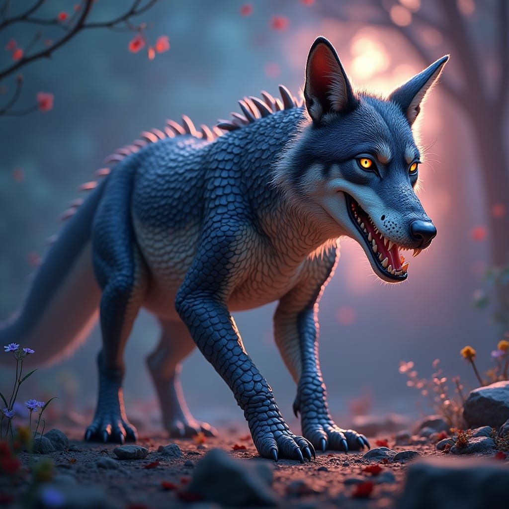 Wolf Alligator Hybrid Faerie in Whimsical Fantasy World